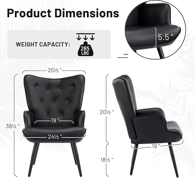 Furniliving PU Leather Accent Chair for Living Room Upholstered Reading Chair with High Backrest Tufted-Button Wingback Armchair for Bedroom Dressing Room Home Office Black