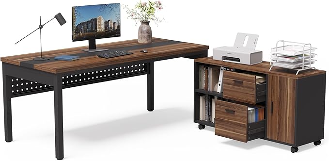LITTLE TREE 70.8 Executive Desk with Lateral File Cabinet Modern Thickened Wooden Workstation L-Shaped Computer Desk Large Home Office Writing Desk for Home Office