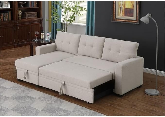 Devion Furniture L-Shaped Polyester Fabric Reversible Easy Convertible Pull-Out Sleeper Sectional Sofa/Storage Chaise with Tufted Back Cushions and Track Arms in Beige