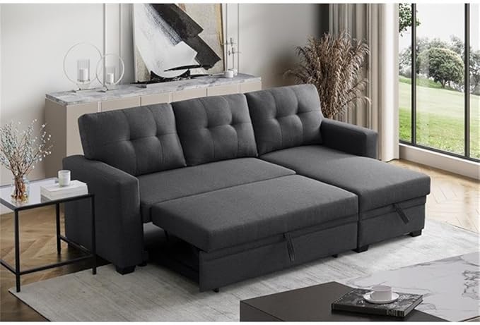 Devion Furniture L-Shaped Polyester Fabric Reversible Easy Convertible Pull-Out Sleeper Sectional Sofa/Storage Chaise with Tufted Back Cushions and Track Arms in Dark Gray