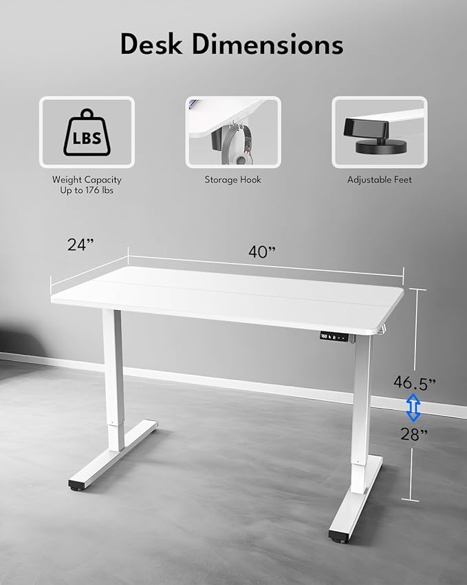 Standing Desk Height Adjustable Electric Stand up Desk 40 x 24 Inches Sit Stand Home Office Desk with Splice Board White Frame/White Top