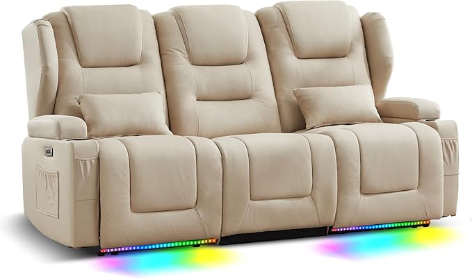 Power Loveseat Recliner SofaReclining Loveseat RV Recliners with Speaker/USB Ports/LED LightsPower Recliner Loveseat Sofa with Cup Holders for Living Room (Beige 3-Seater)