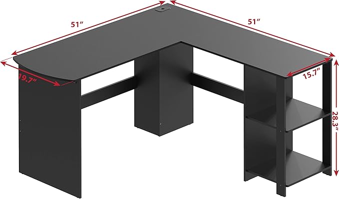 SHW 51 x 51 Inches L-Shaped Home Office Wood Corner Desk wtih Storage Black