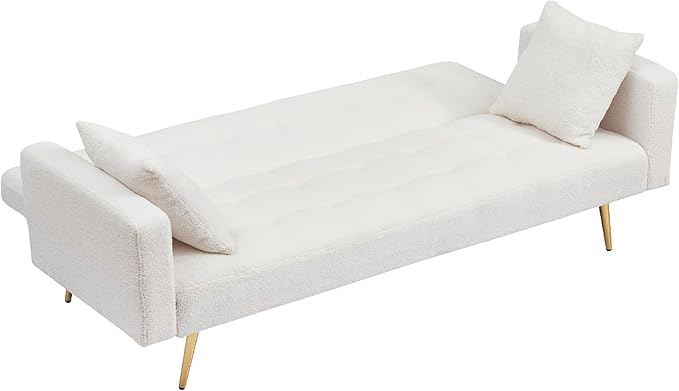 KEIKI 72 Folding Futon Sofa Couch w/Adjustable Backrest Mid Century Modern Loveseat Convertible to Sleeper Bed Small Comfy Teddy Cloud Couch SofaBed for Living Room &amp Bedroom 2 Pillows Beige
