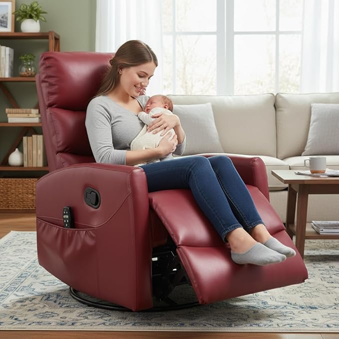 PELUMY 360° Swivel Rocker Recliner with Heat &amp Vibration Massage Glider Rocking Chair for Adults Compact Recliner for Living Room Small Spaces Nursery Bedroom (Breathable Leather Red)