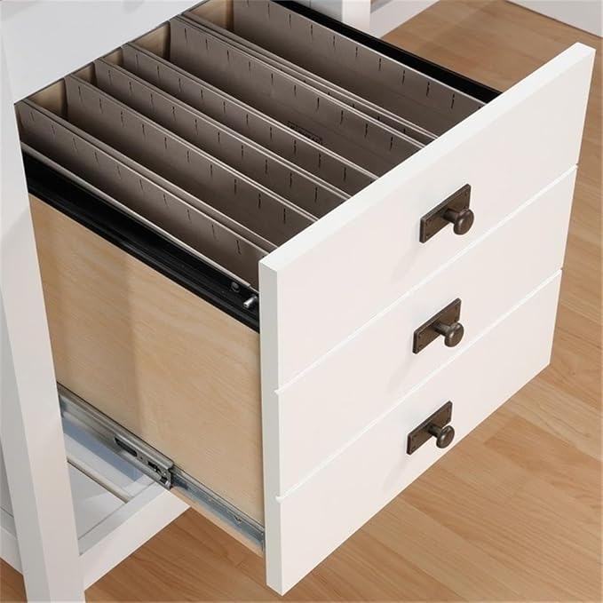 Pemberly Row L-Shaped Engineered Wood Home Office Desk Soft White and Lintel Oak Finish 65 in Wide Spacious Work Surface with Storage Drawers and Shelf Cord Management Versatile Placement