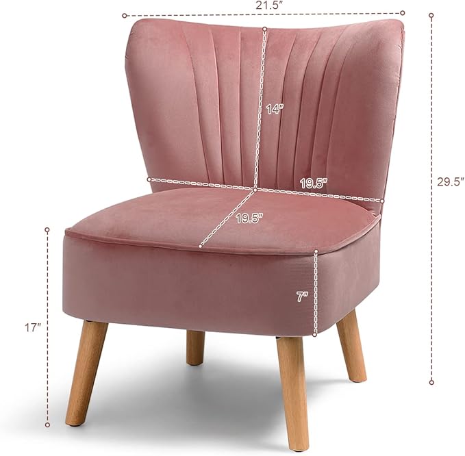 KOTEK Velvet Accent Chair Modern Armless Accent Chair w/Solid Rubber Wood Legs Upholstered Side Chair Club Sofa Chair Slipper Chair for Living Room Bedroom (Pink)