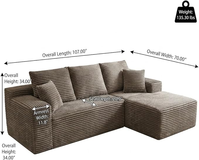 107 L-Shaped 6-Sea Modular Sectional Sofa Cloud Boneless Deep Seat Corduroy Couch with Right Facing Chaise Lounge Flexible Modular Design No Assembly for Living Room Brown