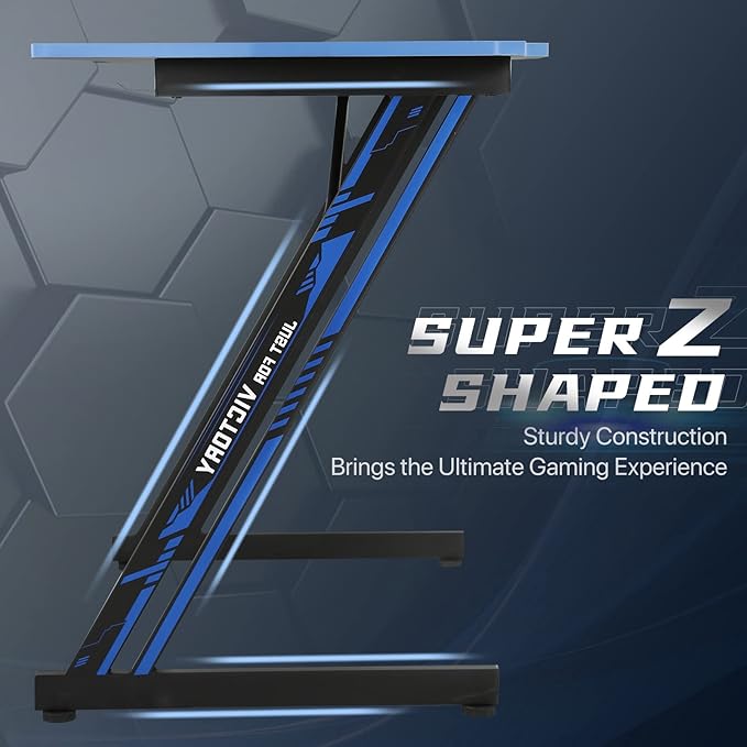 HKLGorg Gaming Desk Computer Desk Z Shaped Gaming Table Writing Modern Ergonomic Racing Style Home Office Table Workstation Carbon Fiber Headphone Hook for Men Boyfriend Female Gift (Blue 39)