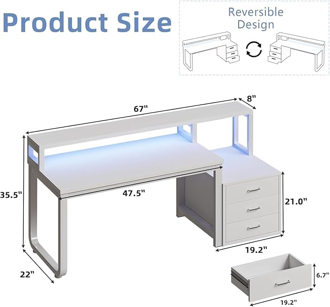 67'' White Desk with Drawers Computer Desk with Printer Shelf Home Office Desk with Moniter Stand and LED Lights White