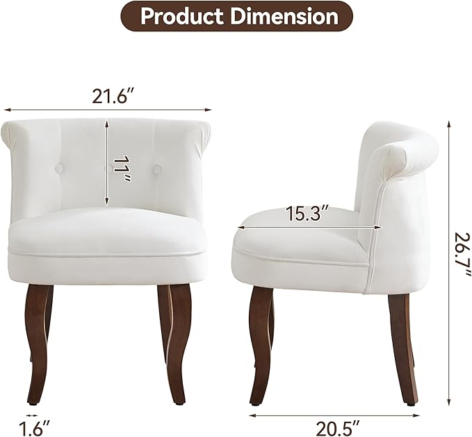 Velvet Vanity Chair with Back Tufted Upholstered Vanity Stool with Solid Wood Legs Mid Century Small Makeup Chair for Vanity Accent Chair for Bedroom Living Room White