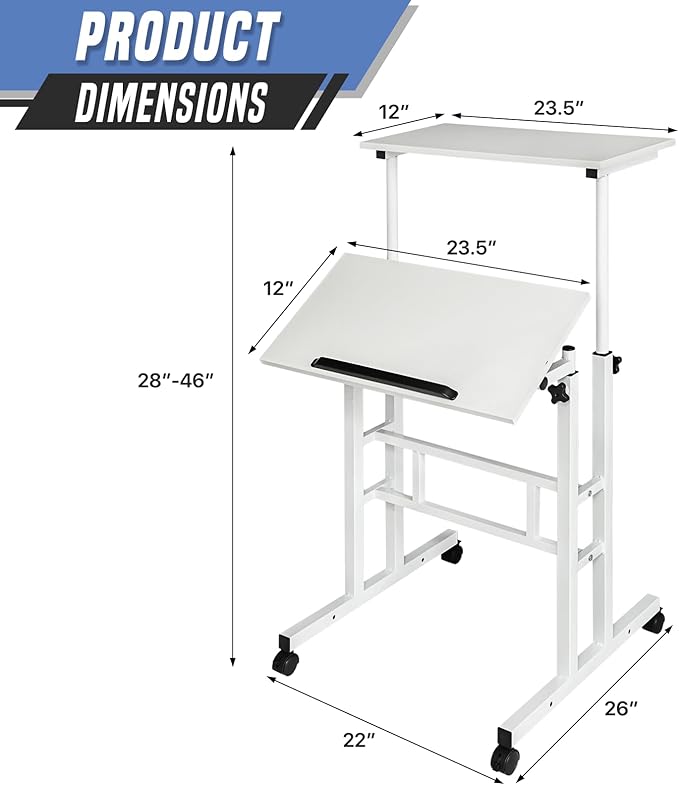 Small Standing Desk Adjustable Height and Angle Computer Laptop Desk Home Office Sit Standup Desk Portable Rolling Desk with Wheels 2 Platforms White