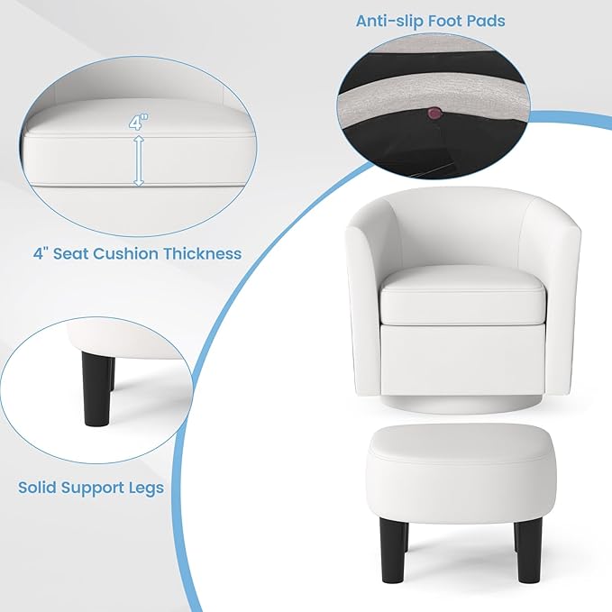 Giantex Swivel Small Accent Chair with Ottoman Modern Barrel Club Chair w/Footrest Curved Backrest &amp Armrests Removable Seat Cushion Swivel Single Sofa Arm Chair for Living Room Bedroom(Cream