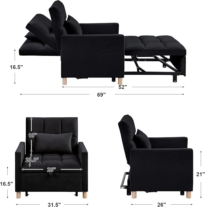 Sleeper Sofa Bed 3-in-1 Convertible Chair Bed Multi-Functional Sleeper Chair Soft Velvet Fabric for Living Room Apartment Office (Black-Velvet)