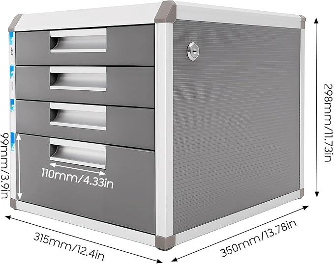4 Drawers File CabinetAluminum Alloy File Storage Cabinet with Concave Handles Compact Desktop Drawer Organizer for Store Letters Books Documents12.4 D X 13.8 W X 11.7 H