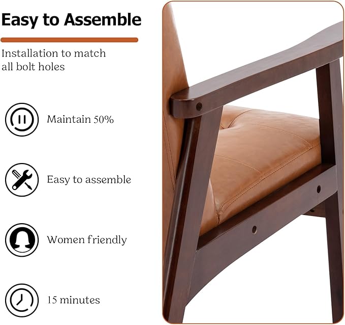 Accent Chair Mid Century Modern Chair for Living Room Comfy Faux Leather Armchair with Solid Wood Frame Soft Thick Padded Side Chairs Easy Assembly Set of 2 Brown