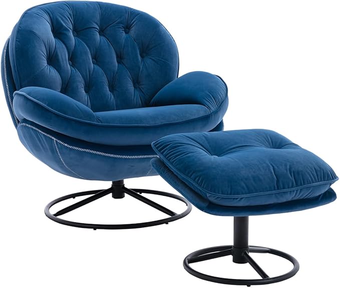 TRIPLE TREE Modern Swivel Accent Chair Mid-Century Lounge Chair and Ottoman Set Velvet Upholstered Button Tufted Recliner Chair Reading Chair with Footrest for Living Room Indoor Bedroom Blue