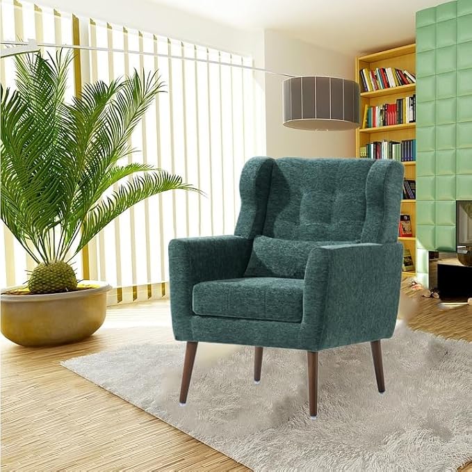 Modern Accent ChairChenille Arm Chairs for Living RoomUpholstered Mordern ArmchairComfy Soft Padded Lounge Chair in Small Space Bedroom w/Pillow Solid Wood Leg (Blackish Green)