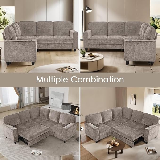 81 Modular Sectional Sofa L Shaped 5-Seater Sleeper Sofa with Pull Out Bed Hidden Storage Cup Holders &amp USB Charging Ports Sectional Couches for Living Room (Chenille Brown-Grey)