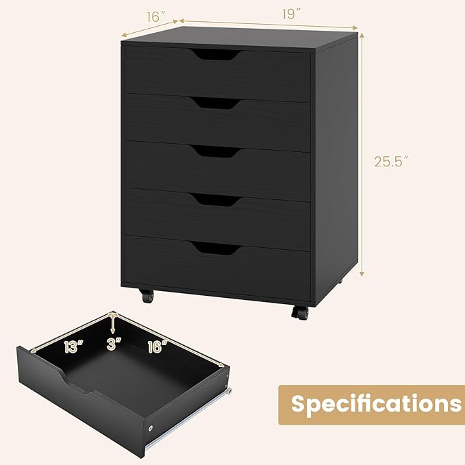 File Cabinet Mobile Filing Cabinet w/Universal Wheels &amp 5 Drawers Wood Printer Stand with Storage Rolling File Cabinets for Home Office Living Room Bedroom (Black 5 Drawers)