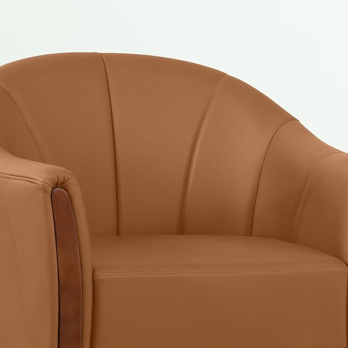 360° Swivel Accent Chair Modern Leather Barrel Club Chair with Leather Upholstery and Sturdy Wood Base Comfortable Armchair for Living Room Bedroom Reading Nook Brown