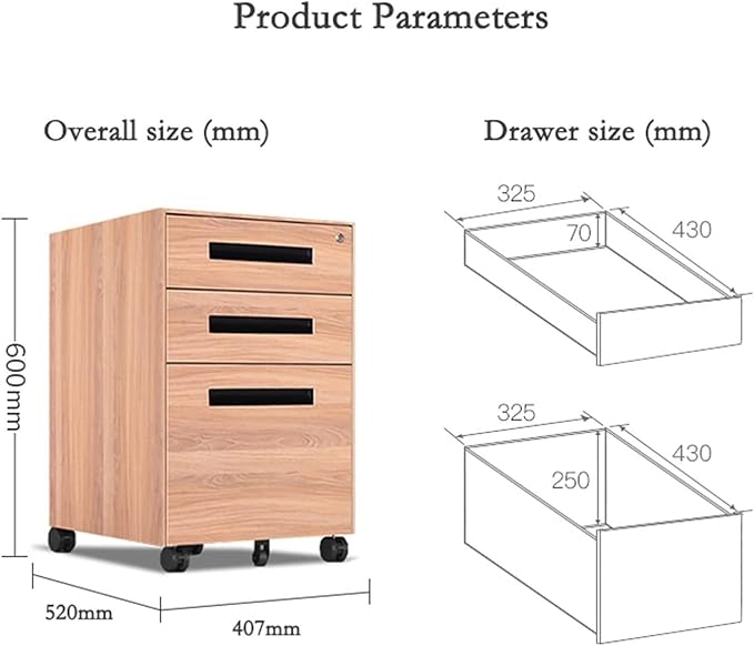 Office Storage File Cabinet Office Drawer Tin Movable Storage Short Cabinet Household Wood Grain Lockable Mobile Push Cabinet (Gold)