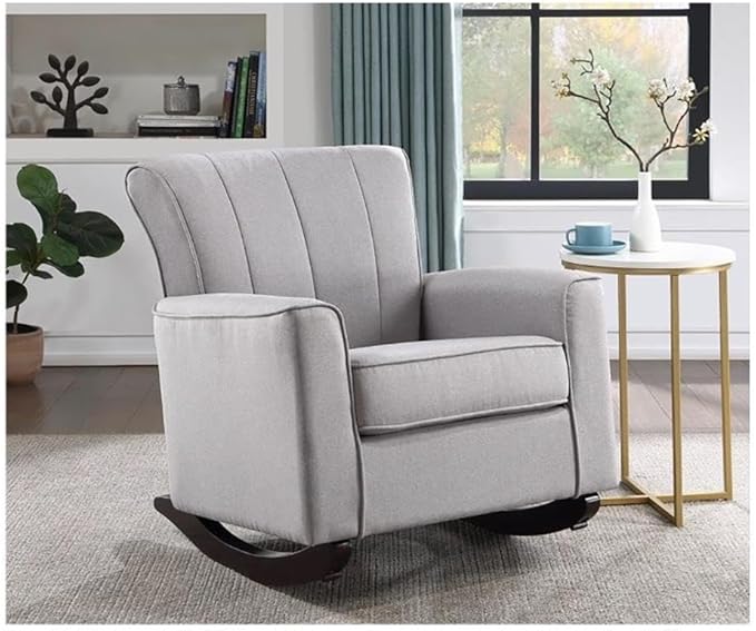 Pemberly Row Upholstered Rocking Chair Gray Linen Fabric &amp Wood Frame 35 H x 34 W x 32 D Pocket Coil Seat with Vertical Tufted Back Modern Living Room or Bedroom Seating