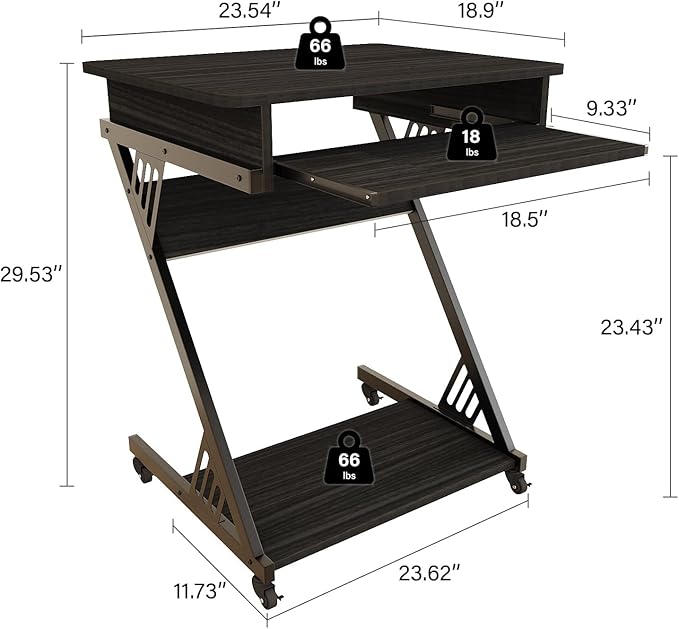 Computer Desk with Keyboard Tray 23.6 inch Rolling Small Desk with Wheels Computer Cart with Storage Mobile Desk Z Shaped for PC Home Office Black