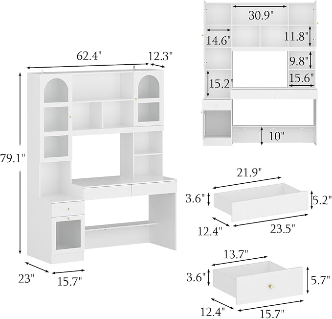 ECACAD Large Computer Desk with 79.1 Tall Bookshelf 62.4 L Corner Computer Desk with Glass Doors and Carved Arched Patterns Home Office Desk with 3 Drawers &amp 12 Shelves White