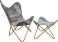 PLW Handmade Gray Leather Butterfly Chair with Ottoman – Folding Lounge Chair Set with Gold Iron Frame Vintage Accent Seating for Living Room Bedroom or Office