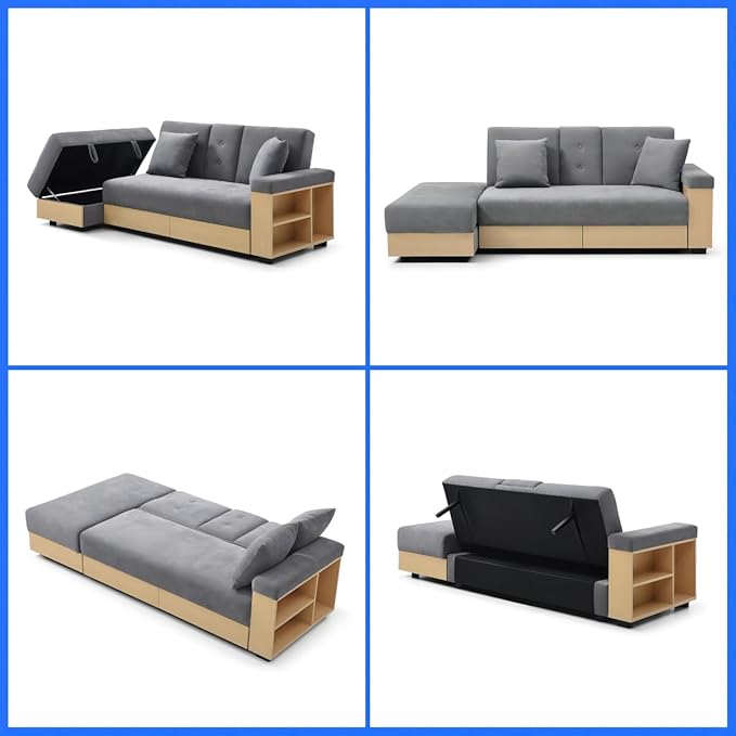 Sofa 84.65 Convertible Sofa Bed with Storage Ottoman Adjustable Armrest &amp Coffee Table - Perfect for Small Apartments 2 Drawers Soft Cotton Linen Fabric Solid Wood FrameGray