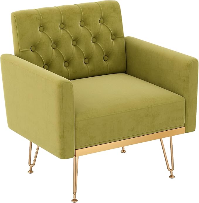 Olela Velvet Accent Chair with Arm for Living RoomModern Armchair Single Sofa Cozy Tufted Upholstered Reading Side Chairs with Gold Metal Leg for Bedroom Decorate(1 Sage Green)