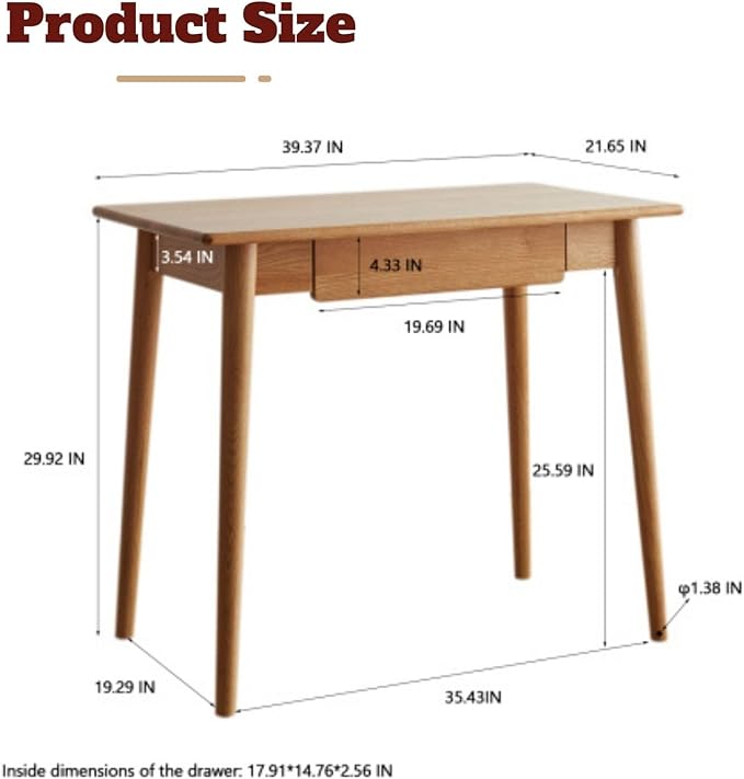 100% Solid Oak Wood Home Office Desk Writing Computer Desk with Drawer for Home Office Sturdy Writing Workstation 39
