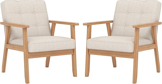 KCC Mid-Century Modern Linen Fabric Accent Chair Set of 2 Upholstered Tufted Leisure Chair Comfy Reading Side Chair with Armrest and Solid Wood Frame for Living Room Bedroom Balcony(Beige)