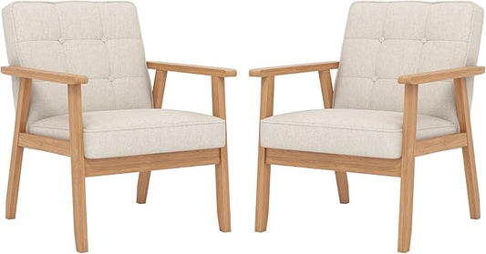 KCC Mid-Century Modern Linen Fabric Accent Chair Set of 2 Upholstered Tufted Leisure Chair Comfy Reading Side Chair with Armrest and Solid Wood Frame for Living Room Bedroom Balcony(Beige)