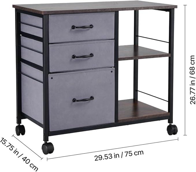Hassyee Mobile Metal File Cabinet with 3 Fabric Drawers and 2 Open Shelves Multifunctional Office Spacious Storage Cabinet Assembly Required