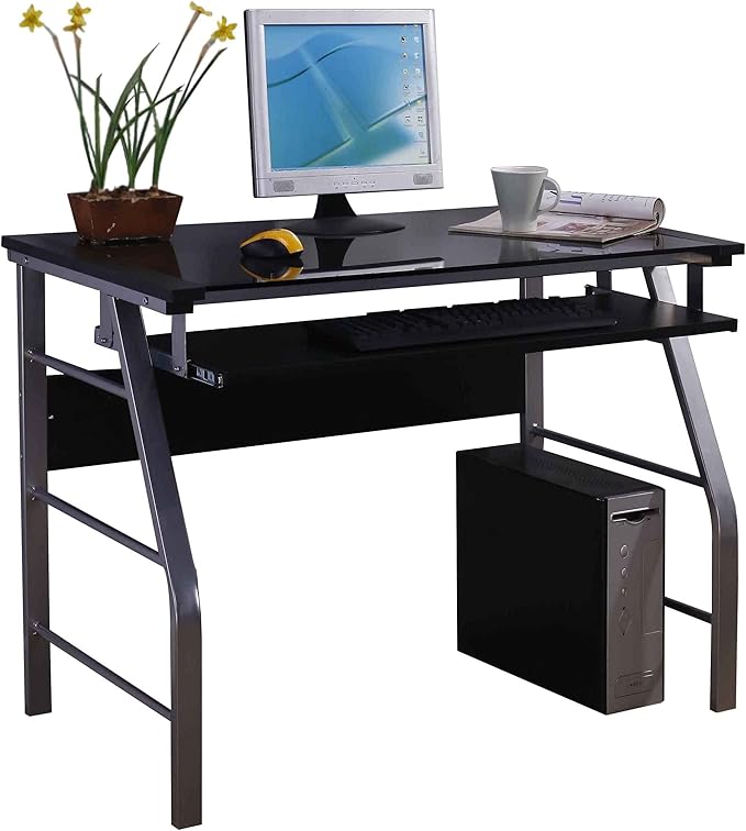King's Brand Glass and Metal Home Office Computer Workstation Desk/Table Silver Finish