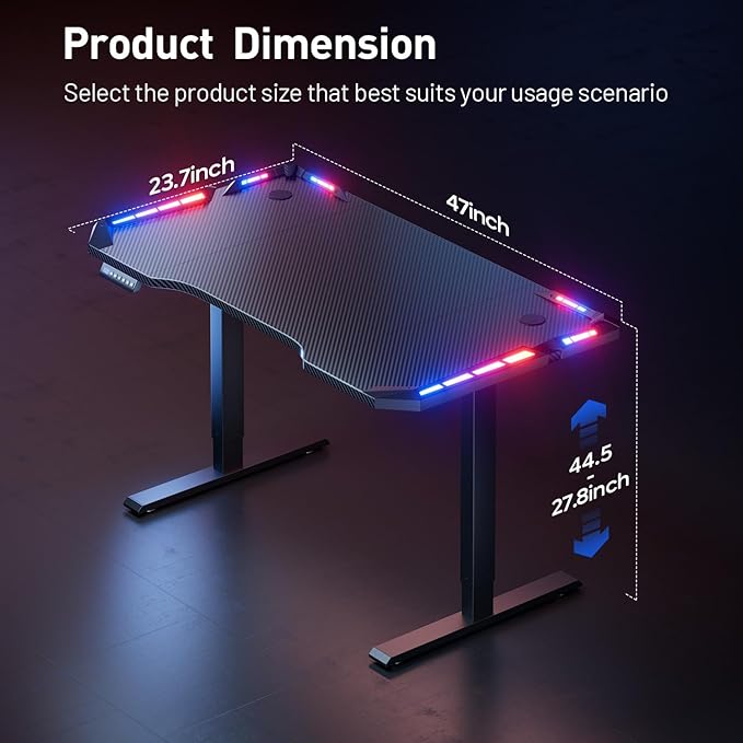 HLDIRECT Gaming Standing Desk with LED Lights 47 Inch Electric Height Adjustable Table with Headphone Hook Carbon Fiber Surface Sit Stand Gamer Desk Computer Workstation for Bedroom Home Black