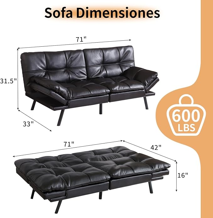MUUEGM 71 Convertible Futon Sofa Bed Adjustable Backrest &amp Armrest Couch Comfortable Sleeper Loveseat with Faux Leather Ideal for Small Space Living Room Apartment Office Black