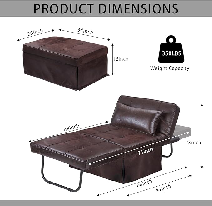 BIGSYY Sofa Bed Set of 4 in 1 Multi-Function Folding Ottoman Breathable Linen Couch Bed with Adjustable Backrest Modern Convertible Chair for Living Room Apartment Office PU Imitation Brown