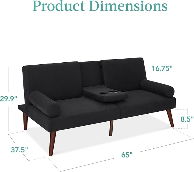 Best Choice Products Mid-Century Modern Upholstered Futon Convertible Folding Sofa Bed Small Couch w/Rounded Armrests 2 Cupholders - Black