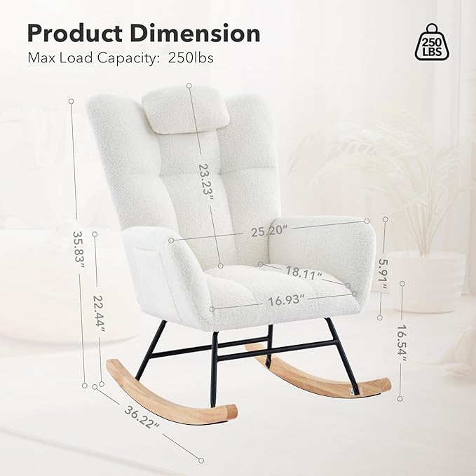 Nursery Rocking Chair Upholstered Padded Seat Rocking Chair with High BackrestModern Accent Recliner for Living Room Bedroom Cozy Reading