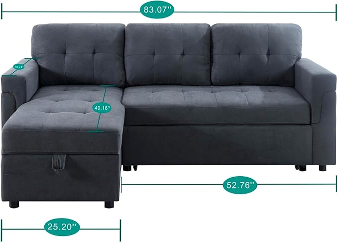 Multifunctional Sectional Sofa with Pull-Out Sleeper Bed &amp Hidden Storage – Reversible Chaise Dark GrayVelvet – Space-Saving Durable Stylish &amp Easy DIY Assembly for Apartments &amp Small H