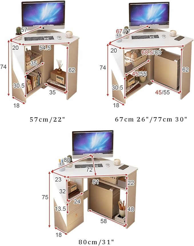 Corner Home Office Desk with Storage Shelves Triangular Computer Desk Workstation Makeup Vanity Desk with Spacious Desktop Space Saving Gaming Table for Study(57x57x74cm(22x22x29) Wood)