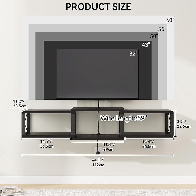 IBUYKE Floating TV Stand with Power OutletWall-Mounted Floating Stand for TVs up to 55Metal Wall Entertainment CenterWall Mounted TV Shelf with Storage for Living Room BedroomBlack UWST011B