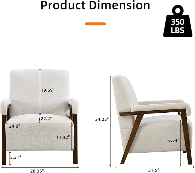 Mid Century Modern Accent Chair Upholstered Armchair with Thick Seat Cushion and Solid Wood Frame Thick and Comfy Innerspring Seat Cushion Short Plush Fabric Arm Chair for Living Room(1White)
