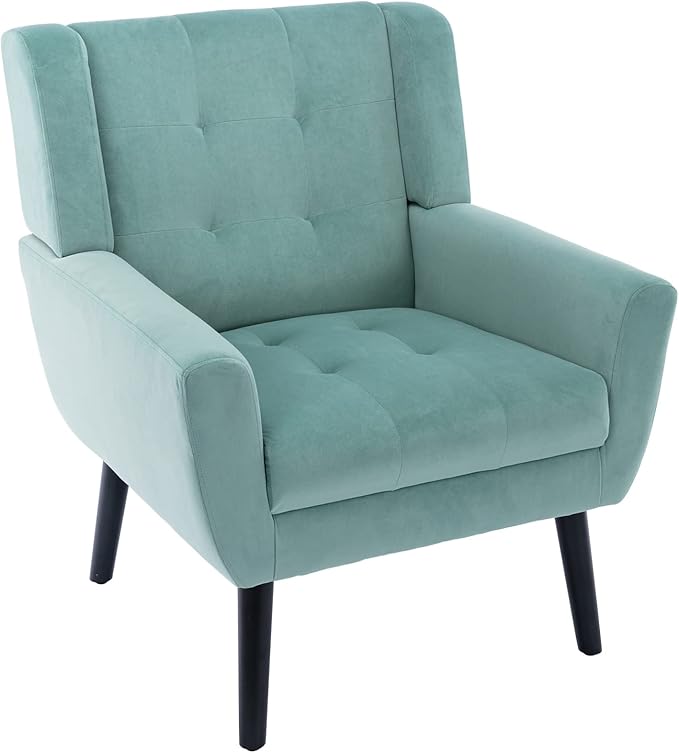 Dolonm Midcentury Modern Velvet Accent Chair with Arms Upholstered Reading Side Chair Tufted Back Decorative Wingback Chair for Living Room Bedroom (Mint Green)