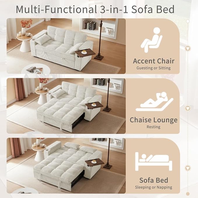  Large Size Convertible Sleeper Sofa BedPolka dot Velvet Pull Out Futon Couch with Storage handrails &amp Rotating Side TablesConvertible Sofa Couch for Living RoomRV (Beige)