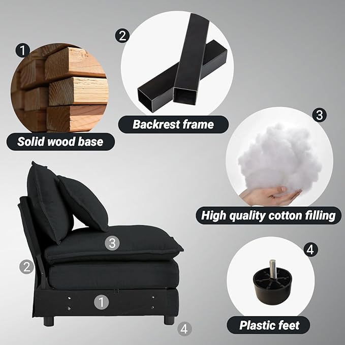 healthomse Chenille Two-Seater Sofa with 1 Footrest 2 Seater L-Shaped Sectional with Ottoman sectional couches for Living Room Chenille (Black 4-Seat)