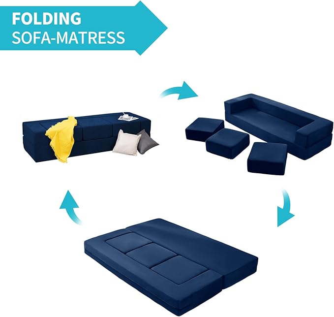 CECER 80 Convertible Floor Sofa BedFolding Sofa Bed with 3 OttomansVelvet Modular Sectional Futon SleeperFoldable Memory Foam Couch for Living Room/Guest Room/Playroom（Blue）